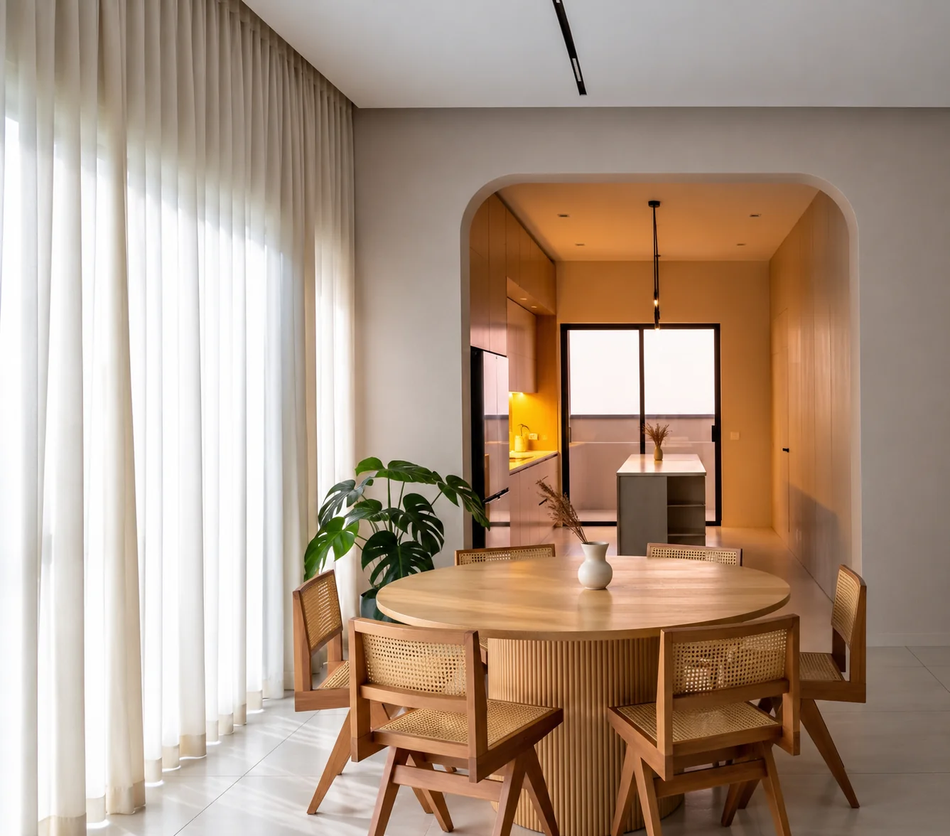AI-generated interior inspiration featuring ivory sheer curtains in a warm modern dining area