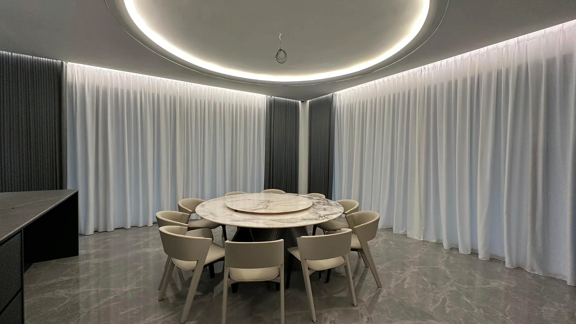 Authentic Ni-Shin Curtain installation photographed in a dining area